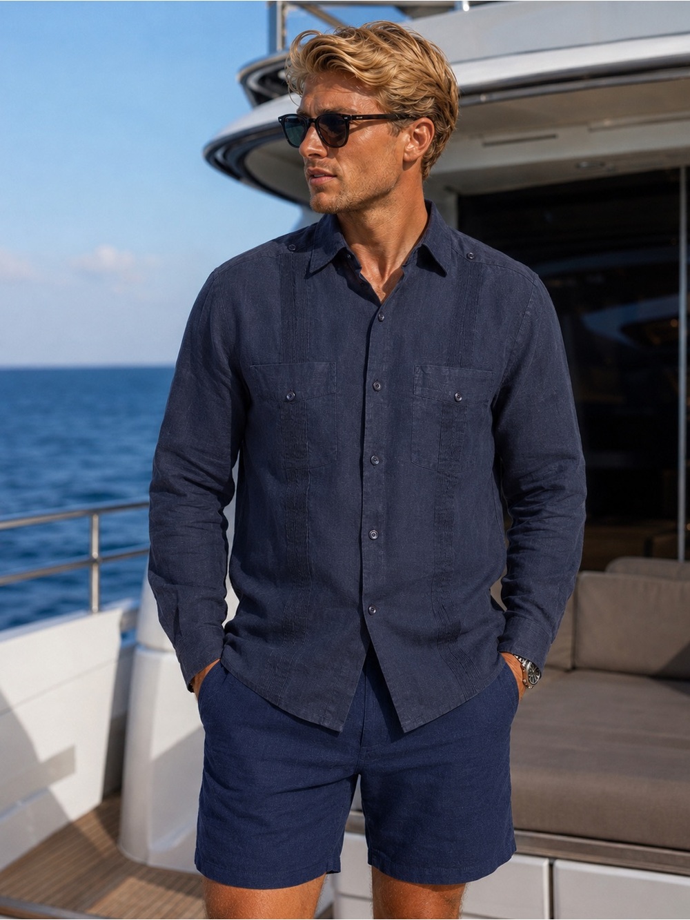 Men's Linen Navy Casual Button-Down Shirt - Short Sleeve, M